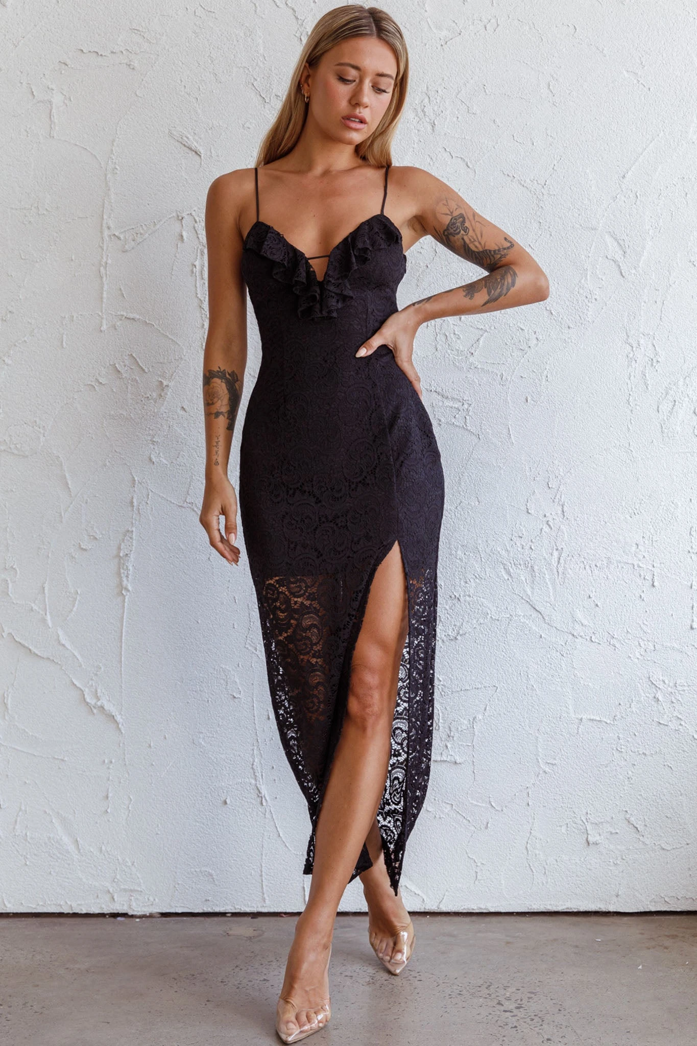 Evaleigh Frill Trim Lace Midi Dress Black - Image 5