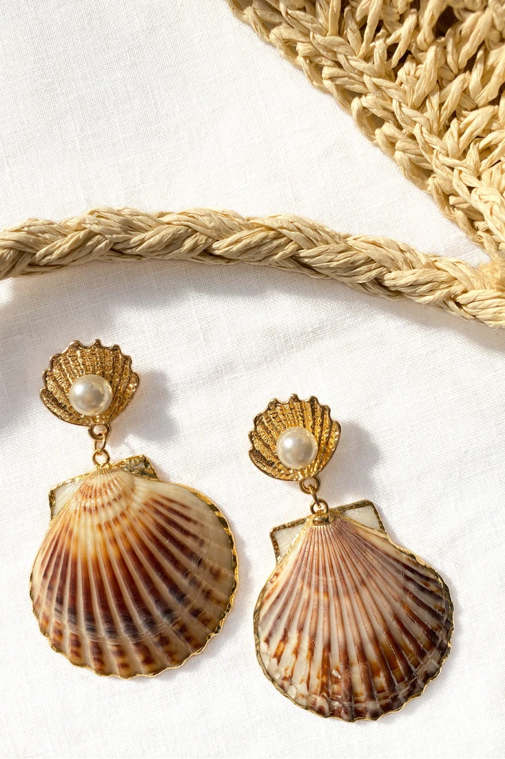 Bora Bora Pearl Accent Shell Earrings Tan - Image 3