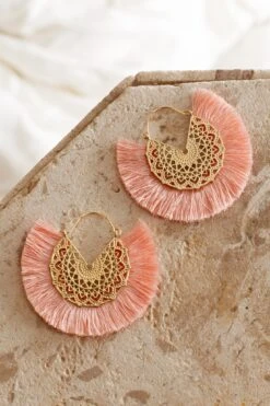 Bali Gold Filigree Fringing Earrings Pink