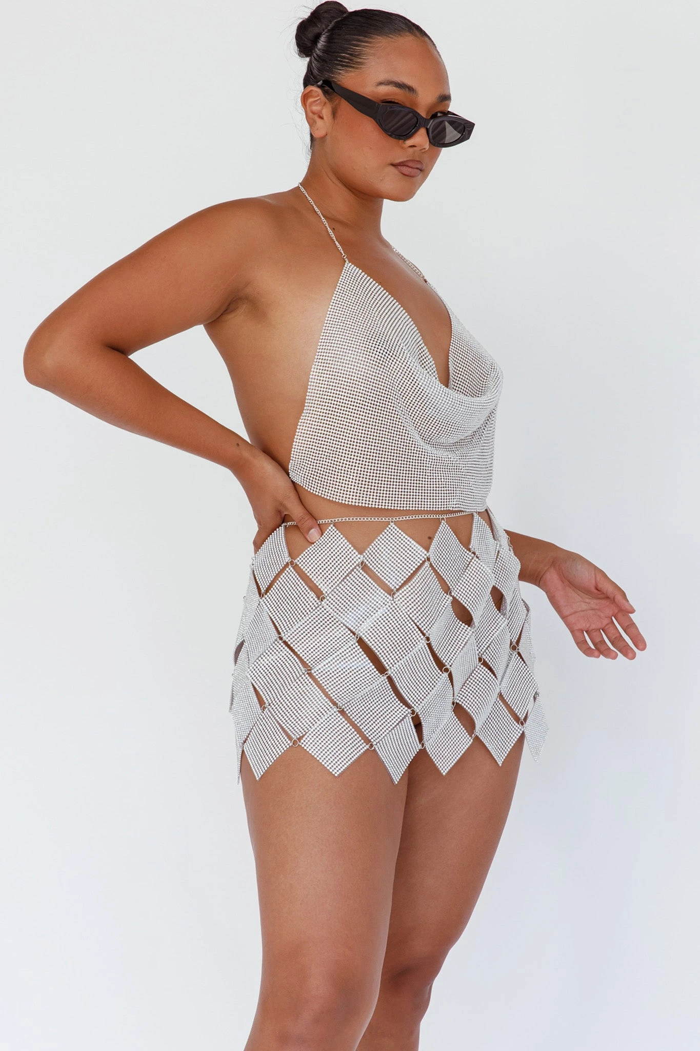 Vally Sequins Geometric Mini Skirt Silver - Image 3