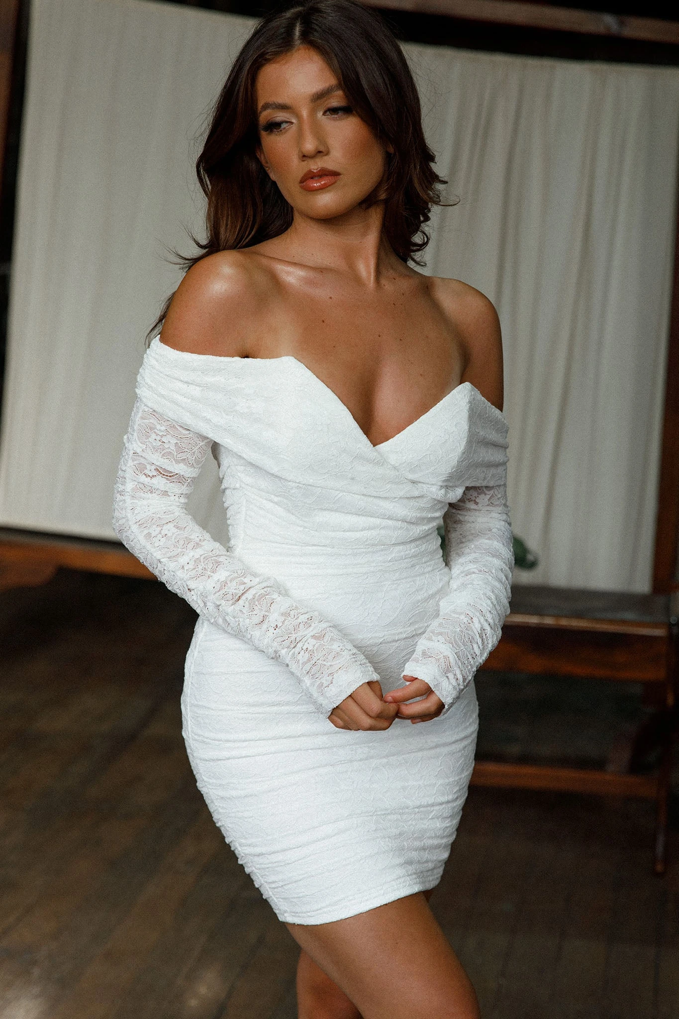 Moonrise Off-Shoulder Long Sleeve Dress Lace White - Image 5