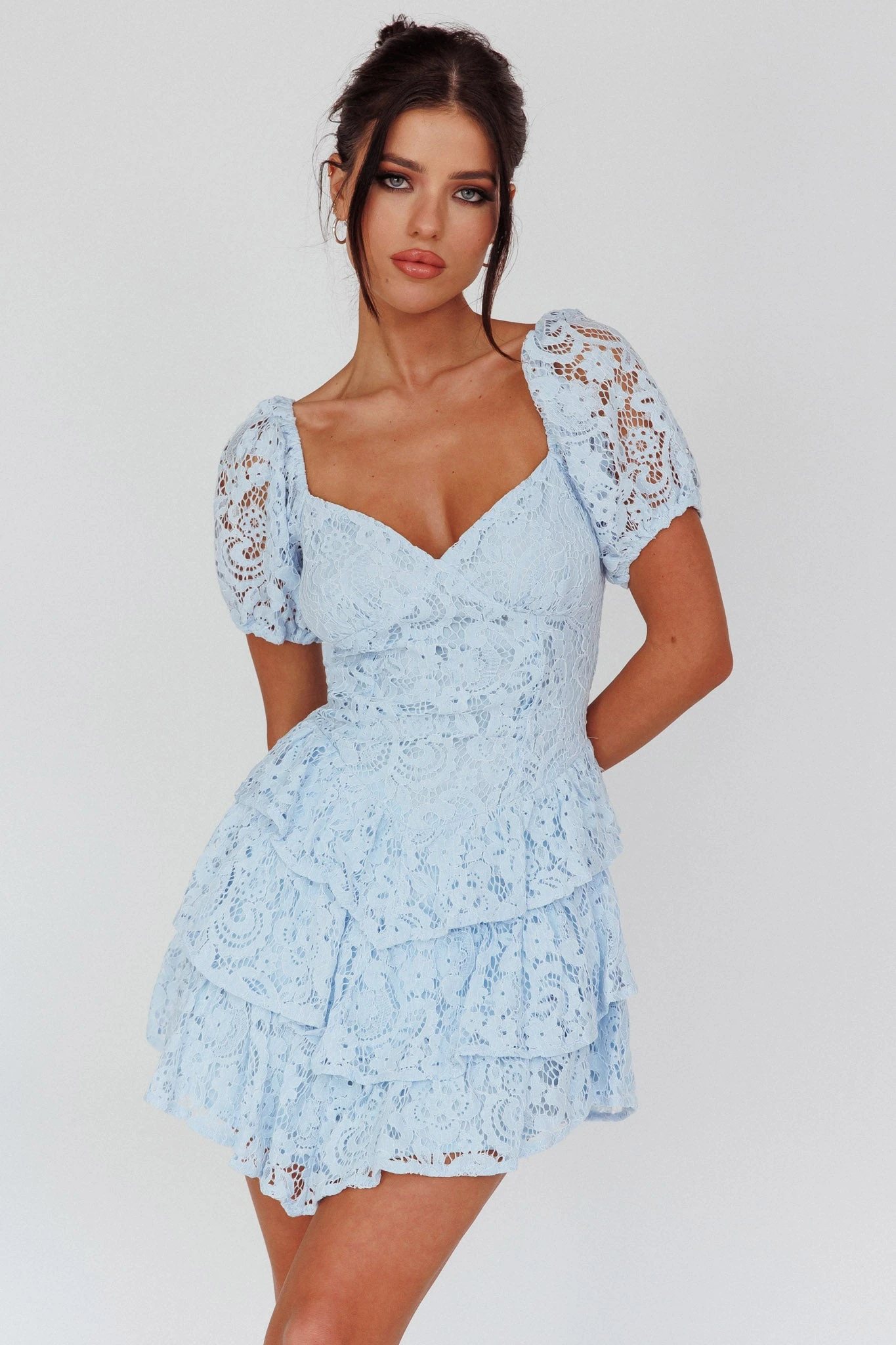 Tayah Tiered Lace Mini Dress Light Blue - Image 5