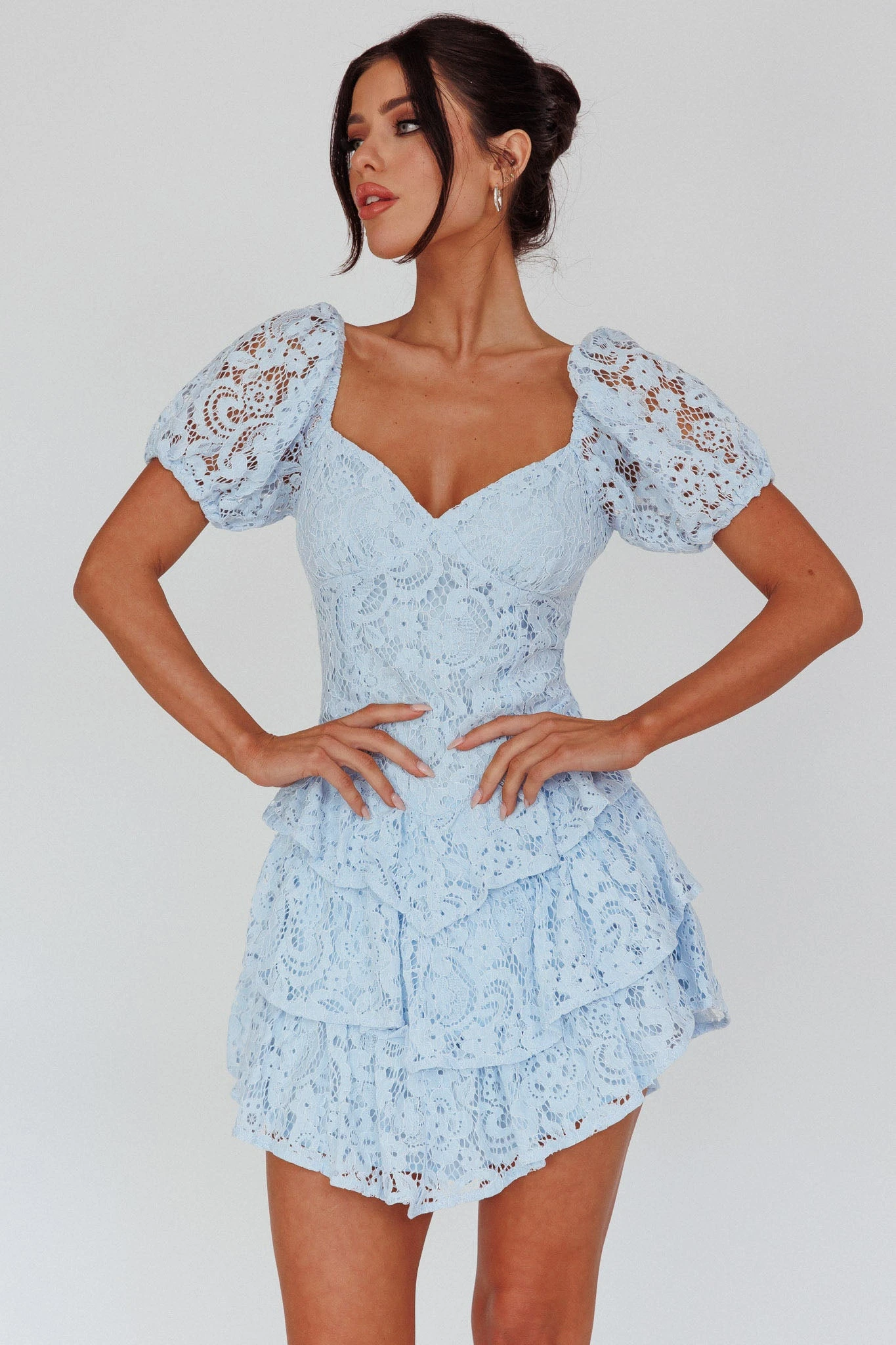 Tayah Tiered Lace Mini Dress Light Blue - Image 6