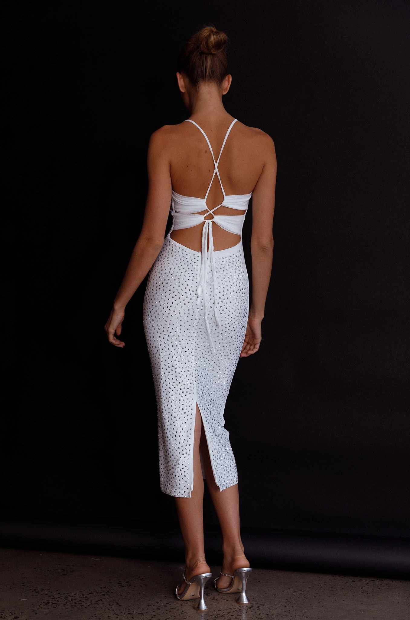 Goodnight Kiss Strappy Back Embellished Midi Dress Ivory - Image 2