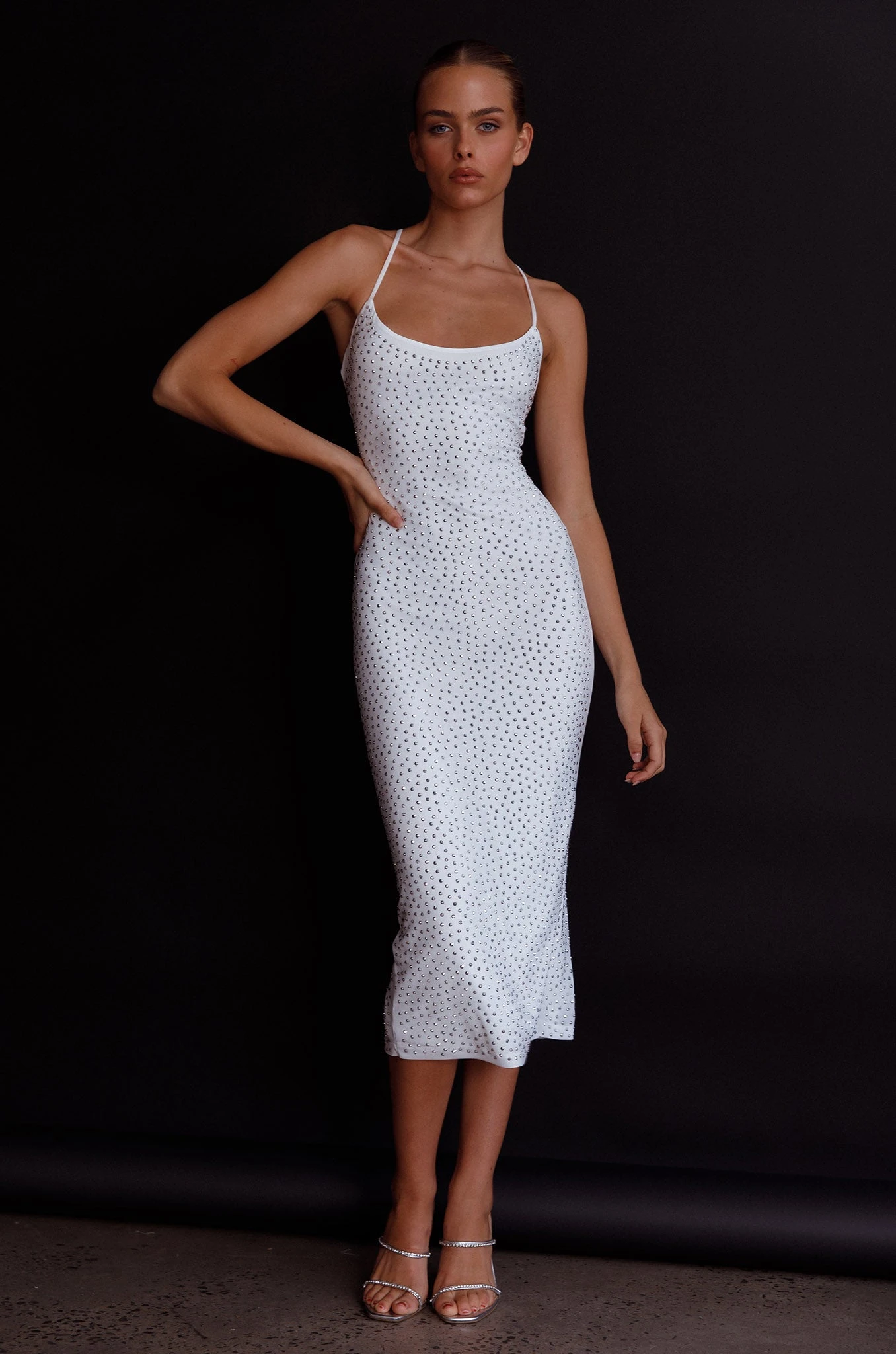 Goodnight Kiss Strappy Back Embellished Midi Dress Ivory - Image 5