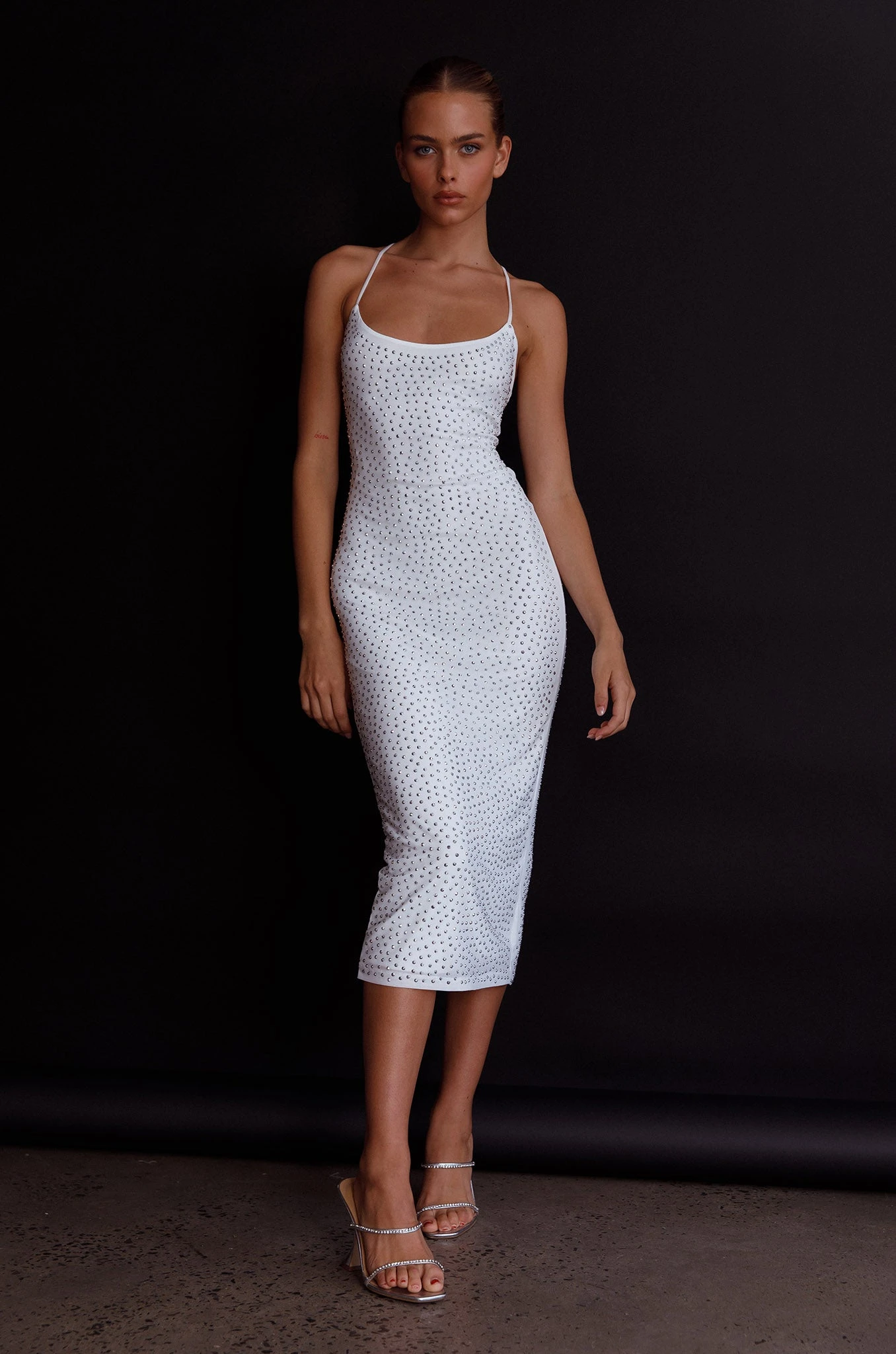 Goodnight Kiss Strappy Back Embellished Midi Dress Ivory - Image 6