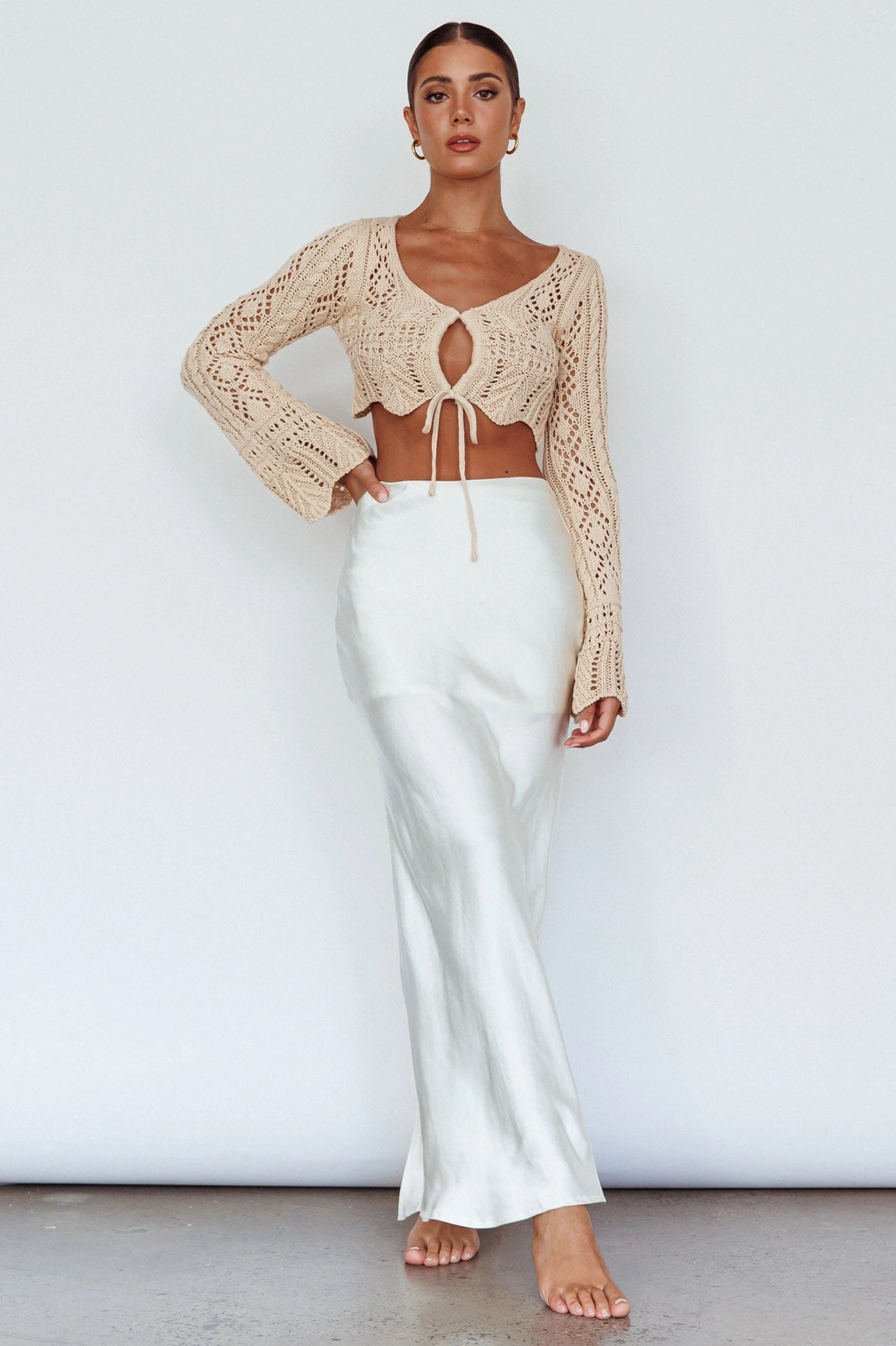 Maycie Long Sleeve Crochet Crop Top Beige - Image 3