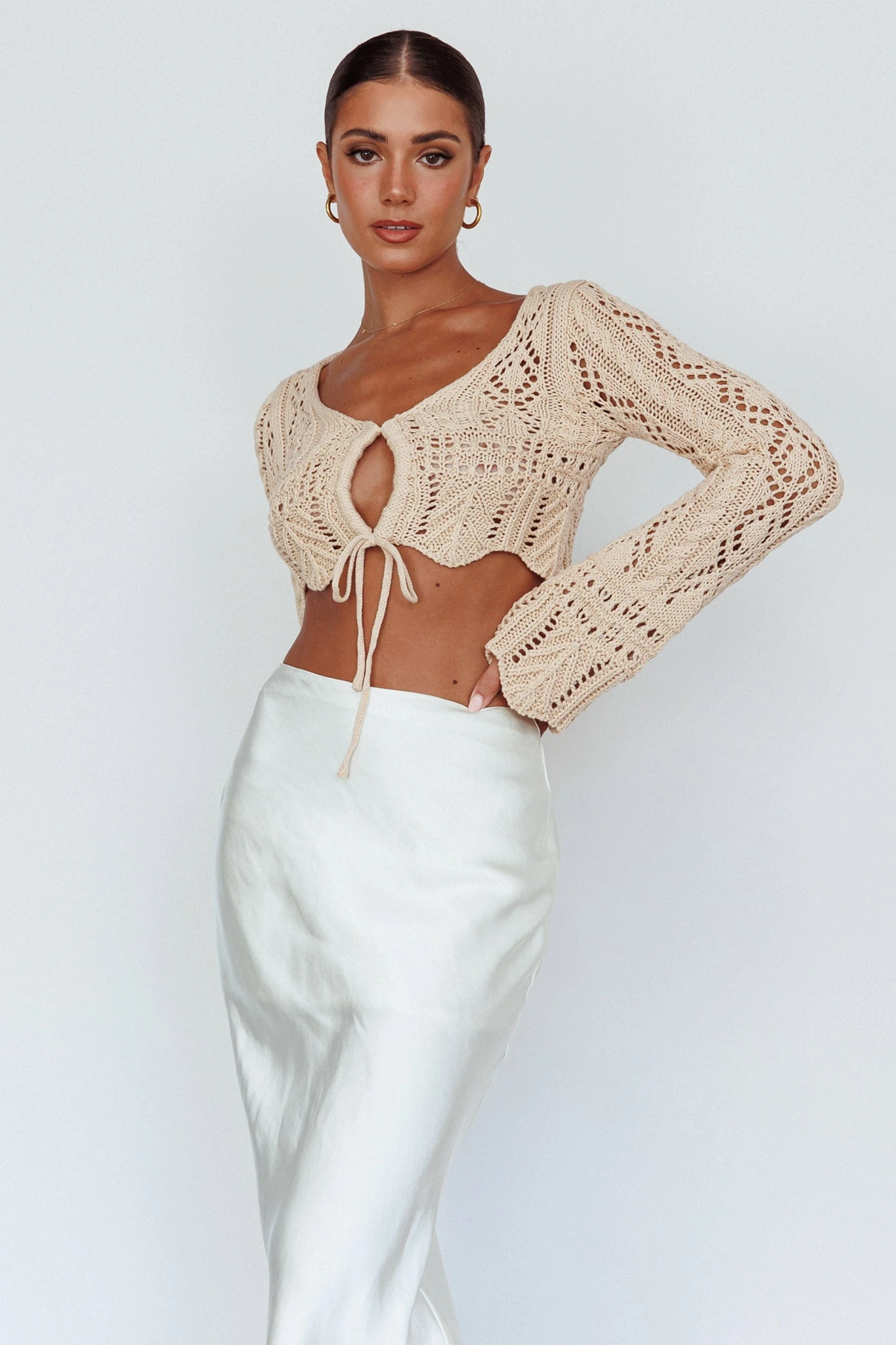 Maycie Long Sleeve Crochet Crop Top Beige - Image 5