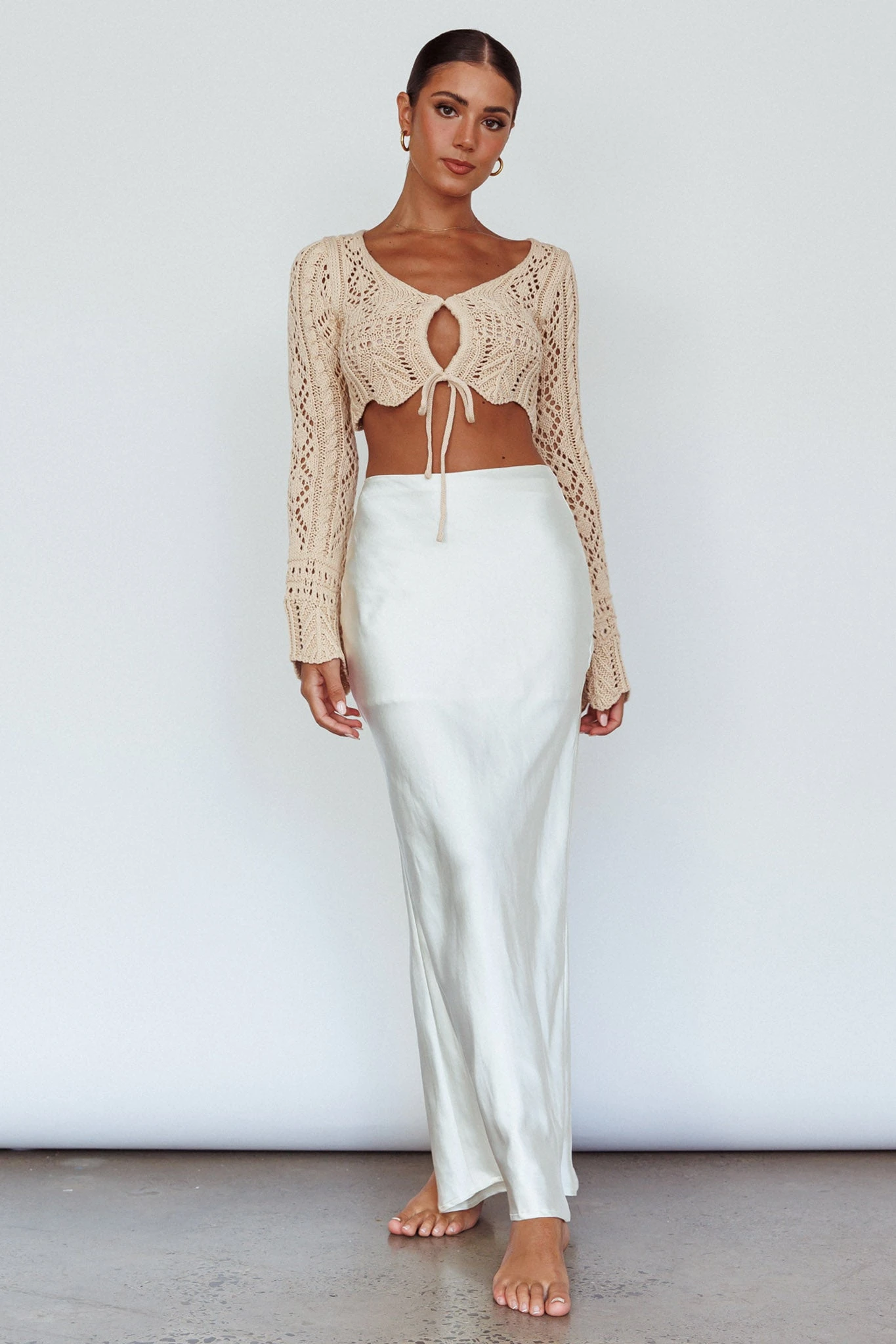 Maycie Long Sleeve Crochet Crop Top Beige - Image 6