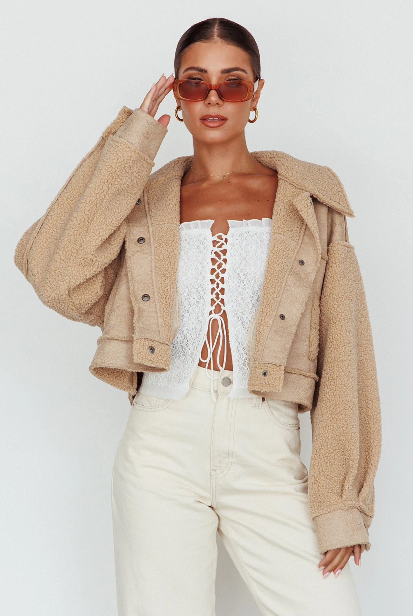 Kya Button Front Shearling Jacket Khaki - Image 5