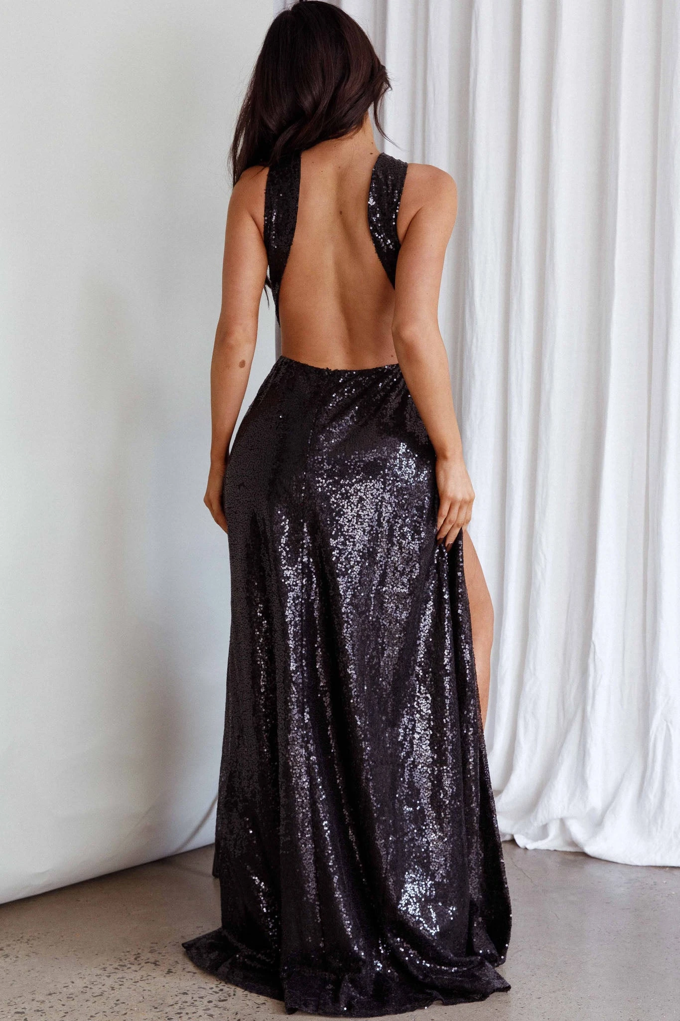 Kimba High Split Sequin Dress Black - Image 2