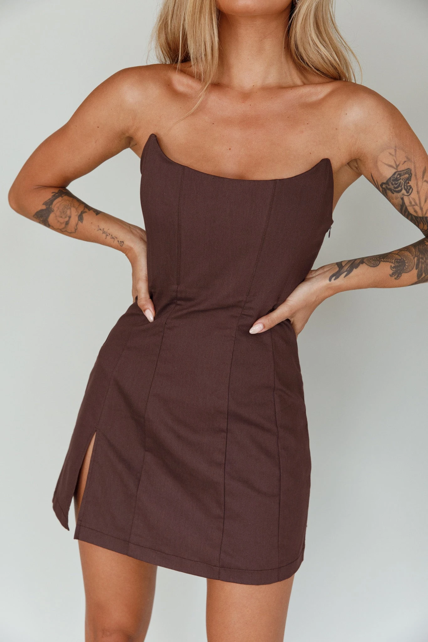 Luann Scoop Neckline Strapless Mini Dress Brown - Image 4
