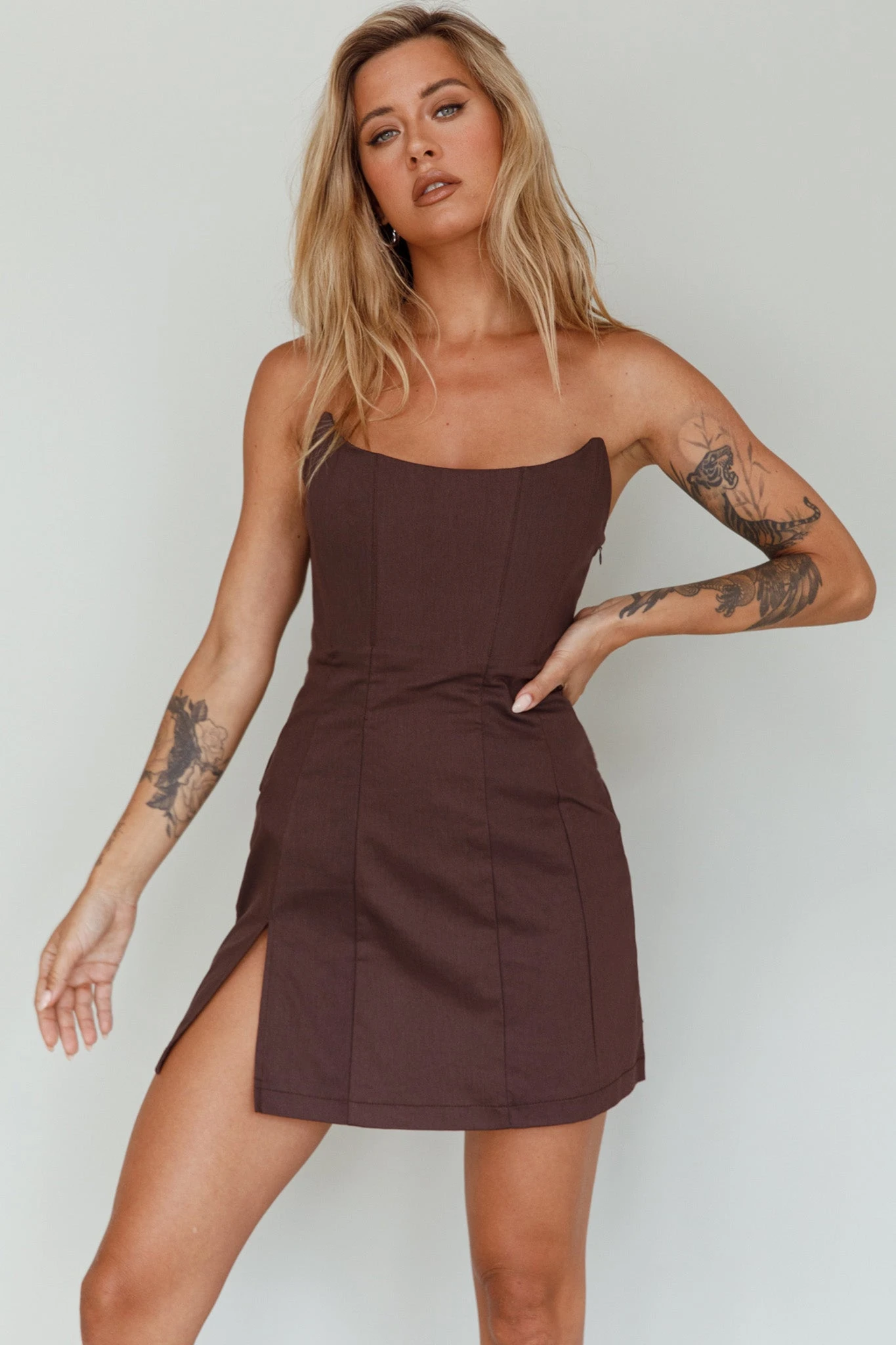 Luann Scoop Neckline Strapless Mini Dress Brown - Image 7