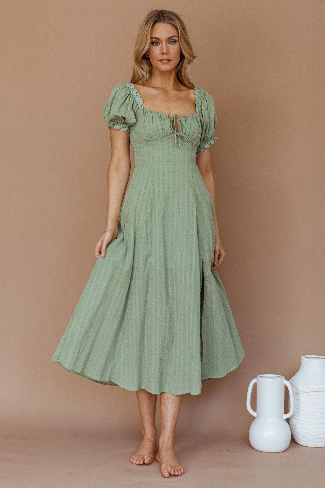 Chablis Gathered Bust Puff Sleeve Midi Dress Sage - Image 2