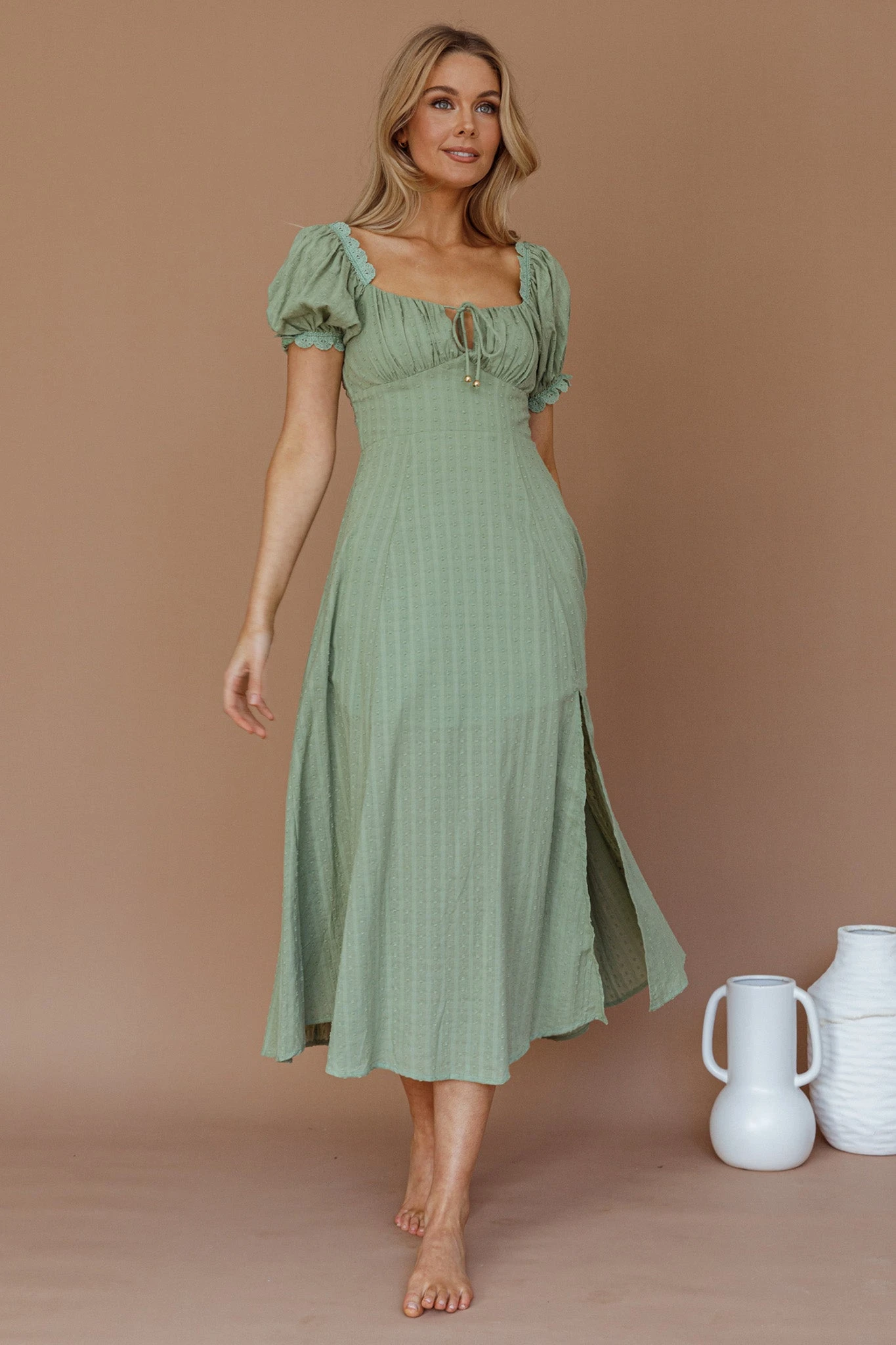 Chablis Gathered Bust Puff Sleeve Midi Dress Sage - Image 4