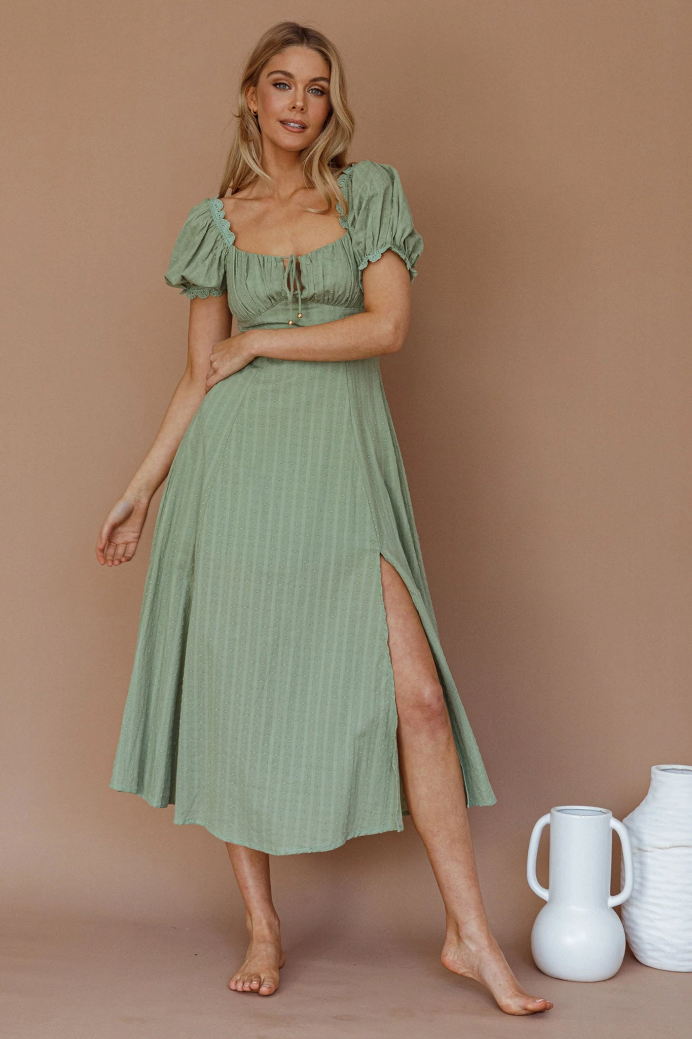Chablis Gathered Bust Puff Sleeve Midi Dress Sage - Image 6