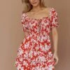 Buongiorno Bella Shirred Lace Up Mini Dress Floral Red