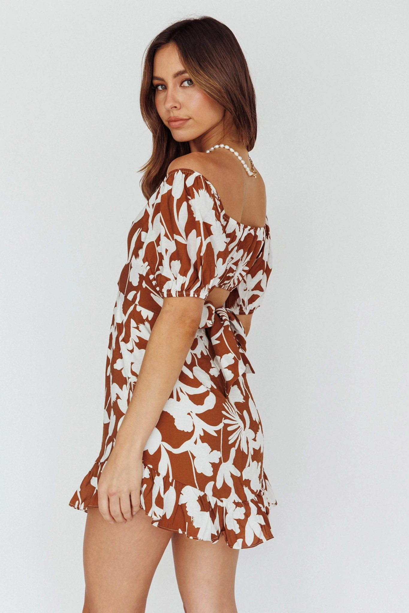 Palm Beach Puff Sleeve Dress Printed Tan - Image 2