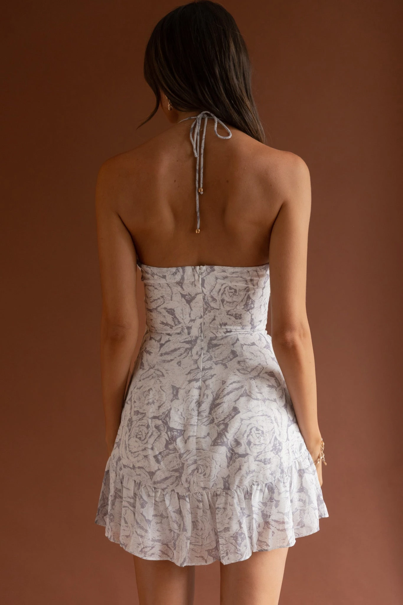 Date Night Drawstring Bust Mini Dress Floral Grey - Image 7