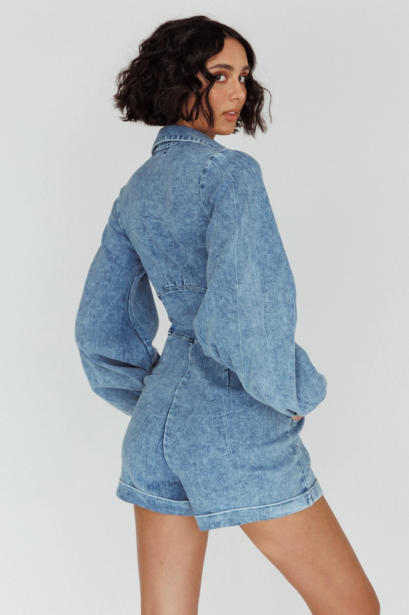 South Beach Long Sleeve Collared Romper Denim - Image 2