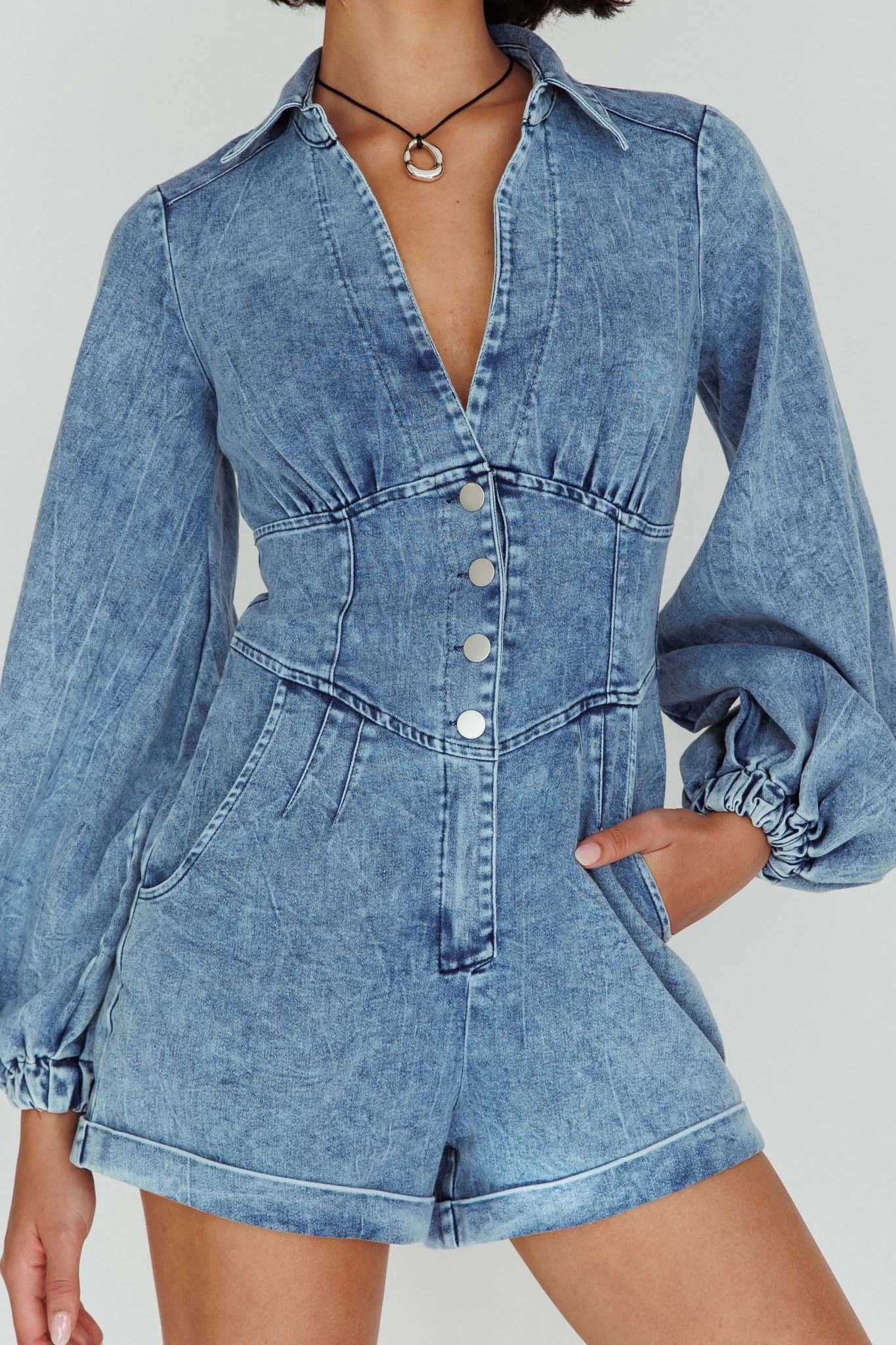 South Beach Long Sleeve Collared Romper Denim - Image 4