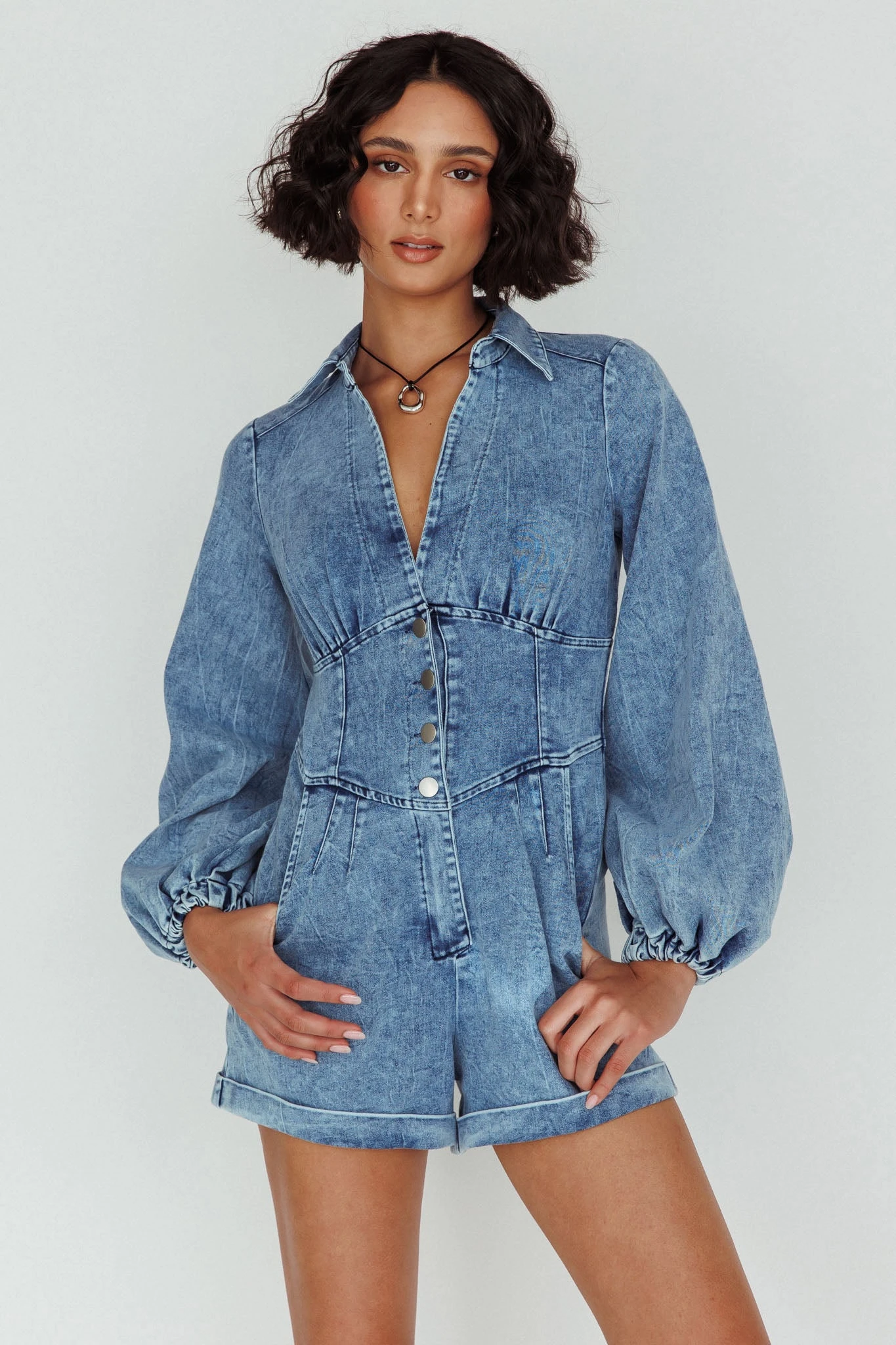 South Beach Long Sleeve Collared Romper Denim - Image 5