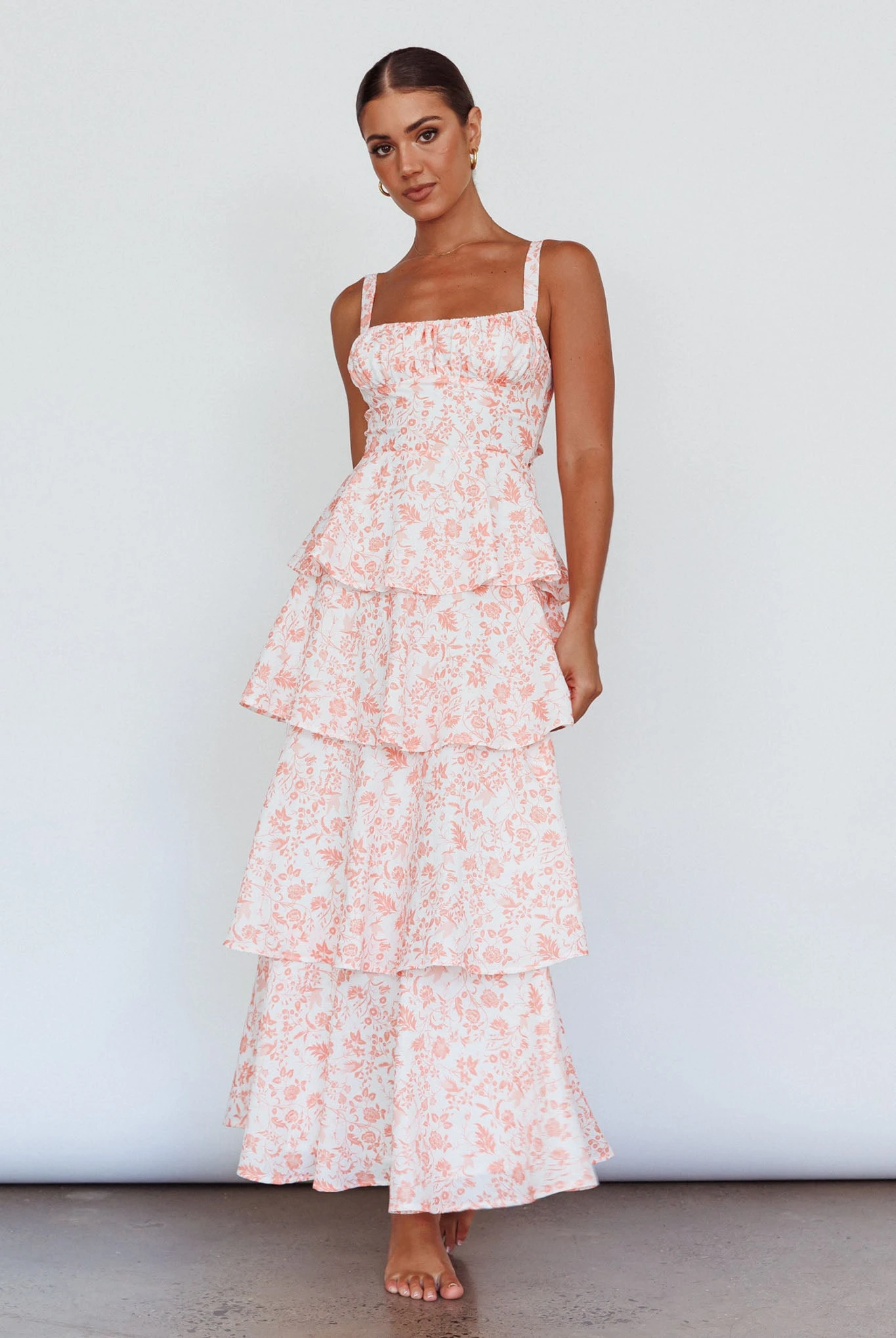 Provence Bloom Tiered Midi Dress Floral Orange - Image 3
