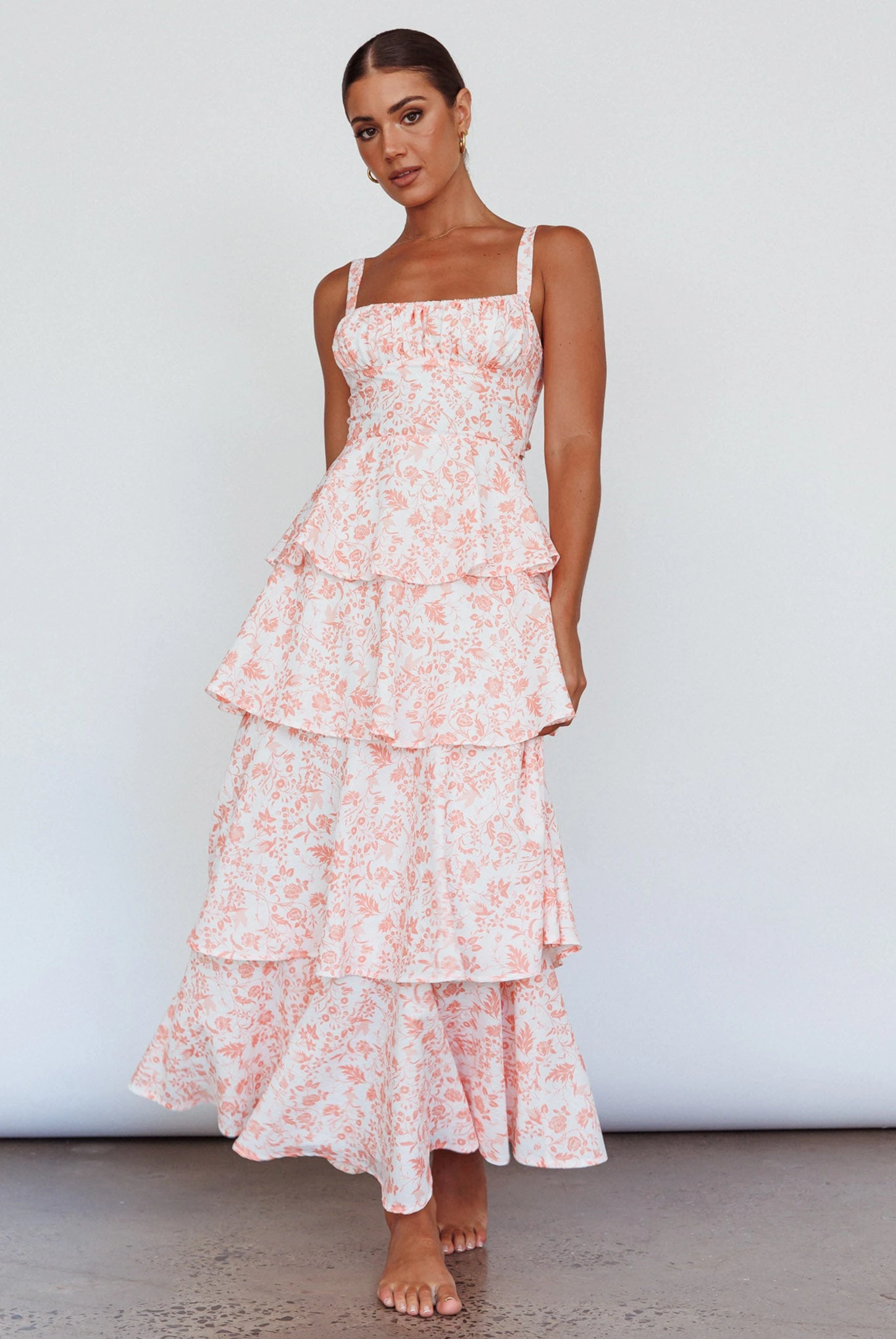 Provence Bloom Tiered Midi Dress Floral Orange - Image 5