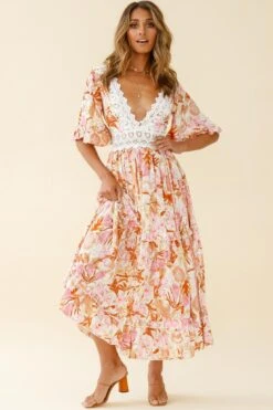 Indio Crochet Insert Deep V-Neckline Angel Sleeve Maxi Dress Floral Print Pink