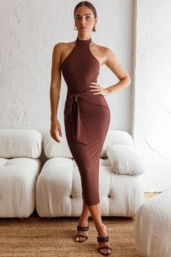 Rapt Waist Tie Halterneck Knit Midi Dress Chocolate
