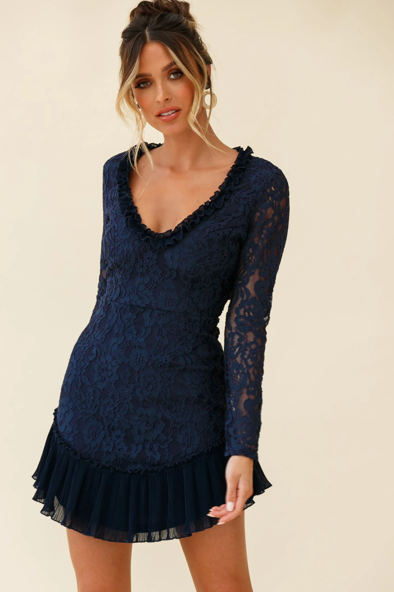 Isabella Long Sleeve Open Back Lace Dress Navy - Image 6