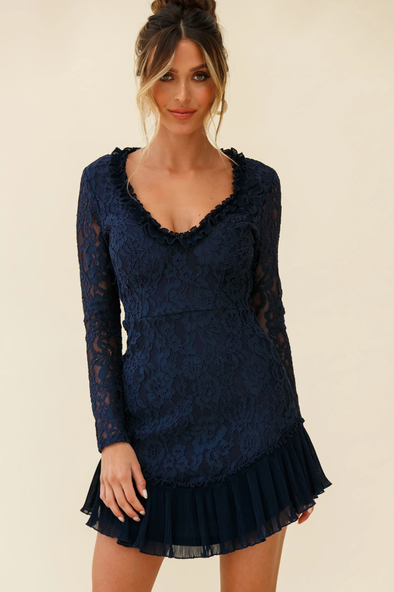 Isabella Long Sleeve Open Back Lace Dress Navy - Image 5