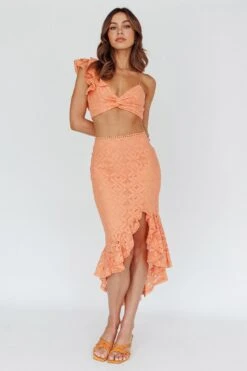 Talk About Me Asymmetrical Ruffle Hem Midi Skirt Apricot