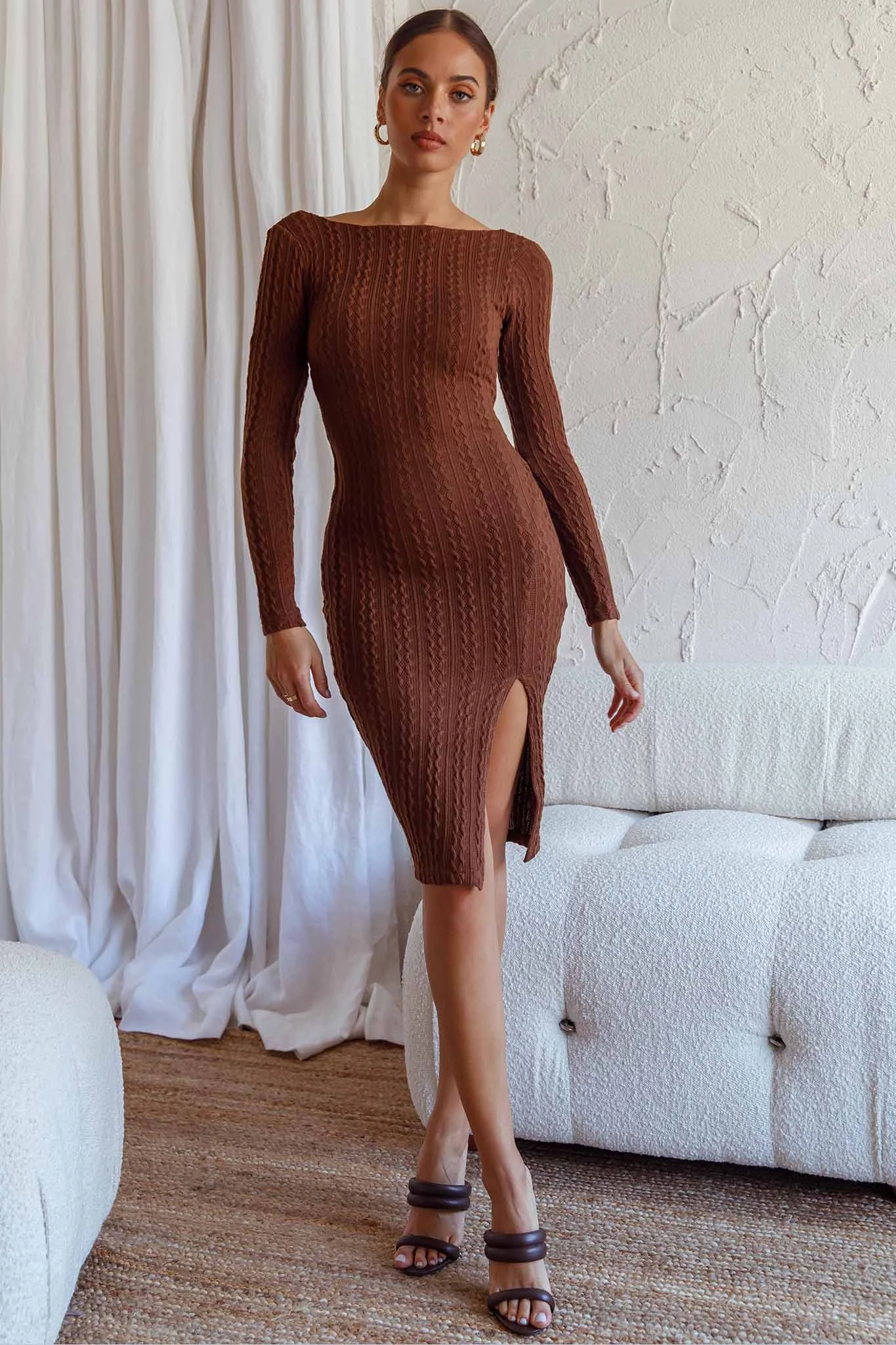 Merlin Long Sleeve Bodycon Knee Length Dress Chocolate - Image 4