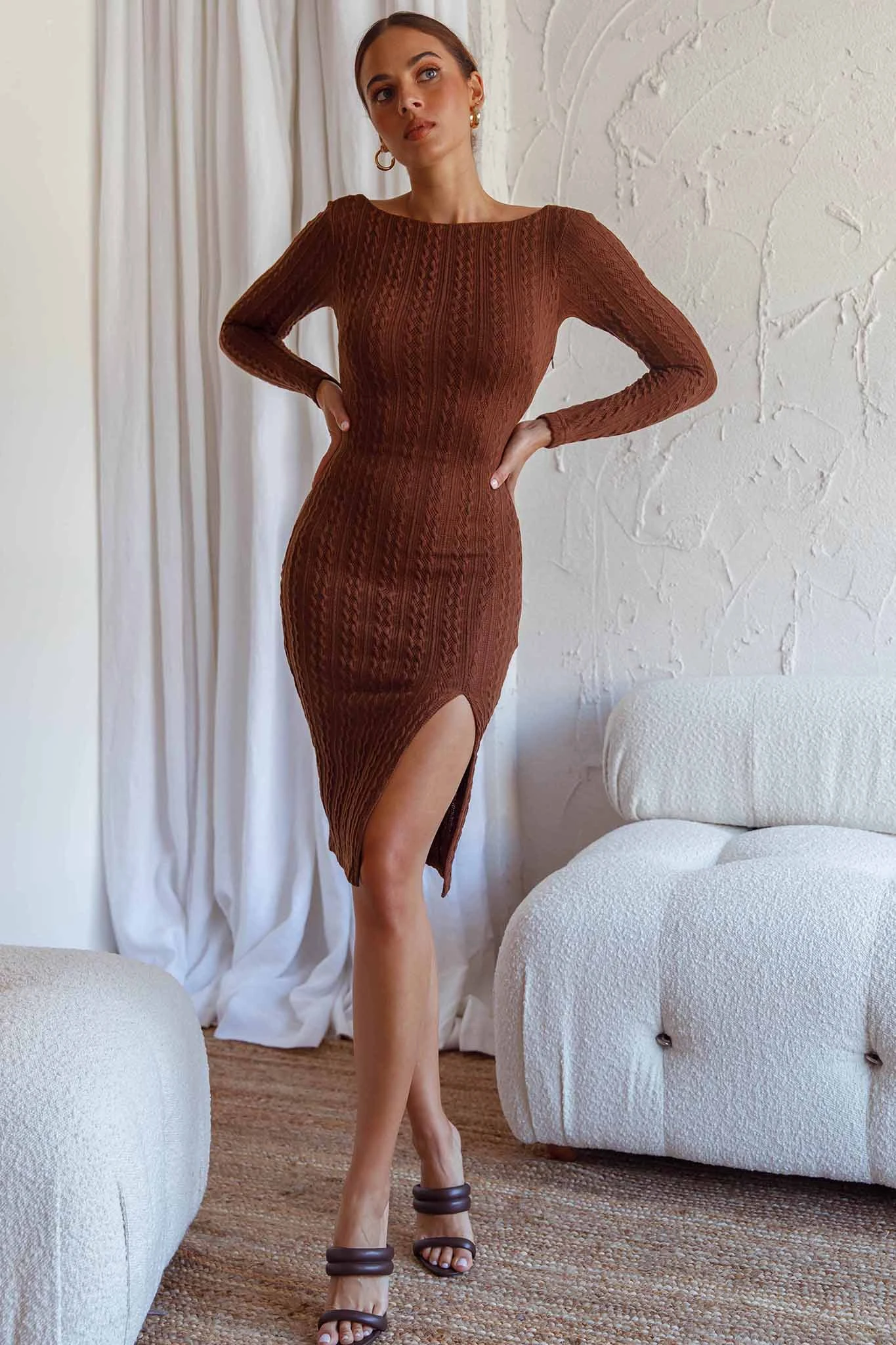 Merlin Long Sleeve Bodycon Knee Length Dress Chocolate - Image 5