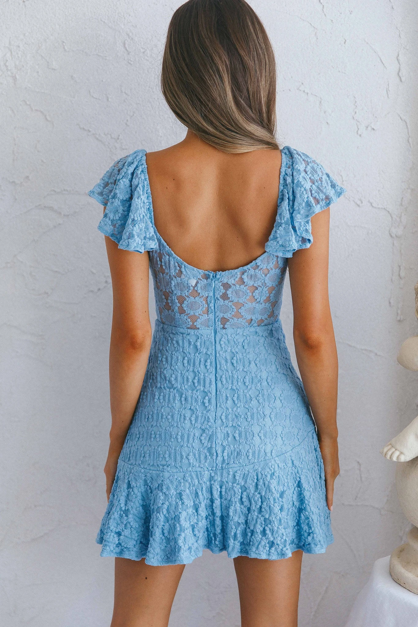 Secret Crush Flutter Sleeve Floral Lace Ruffle Hem Dress Blue - Image 3