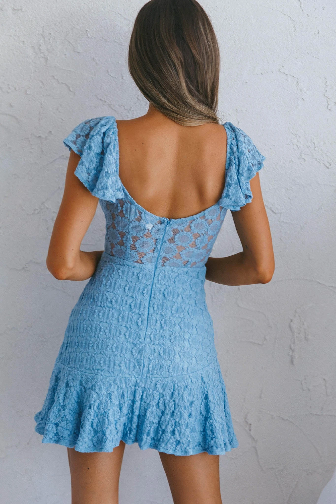 Secret Crush Flutter Sleeve Floral Lace Ruffle Hem Dress Blue - Image 5