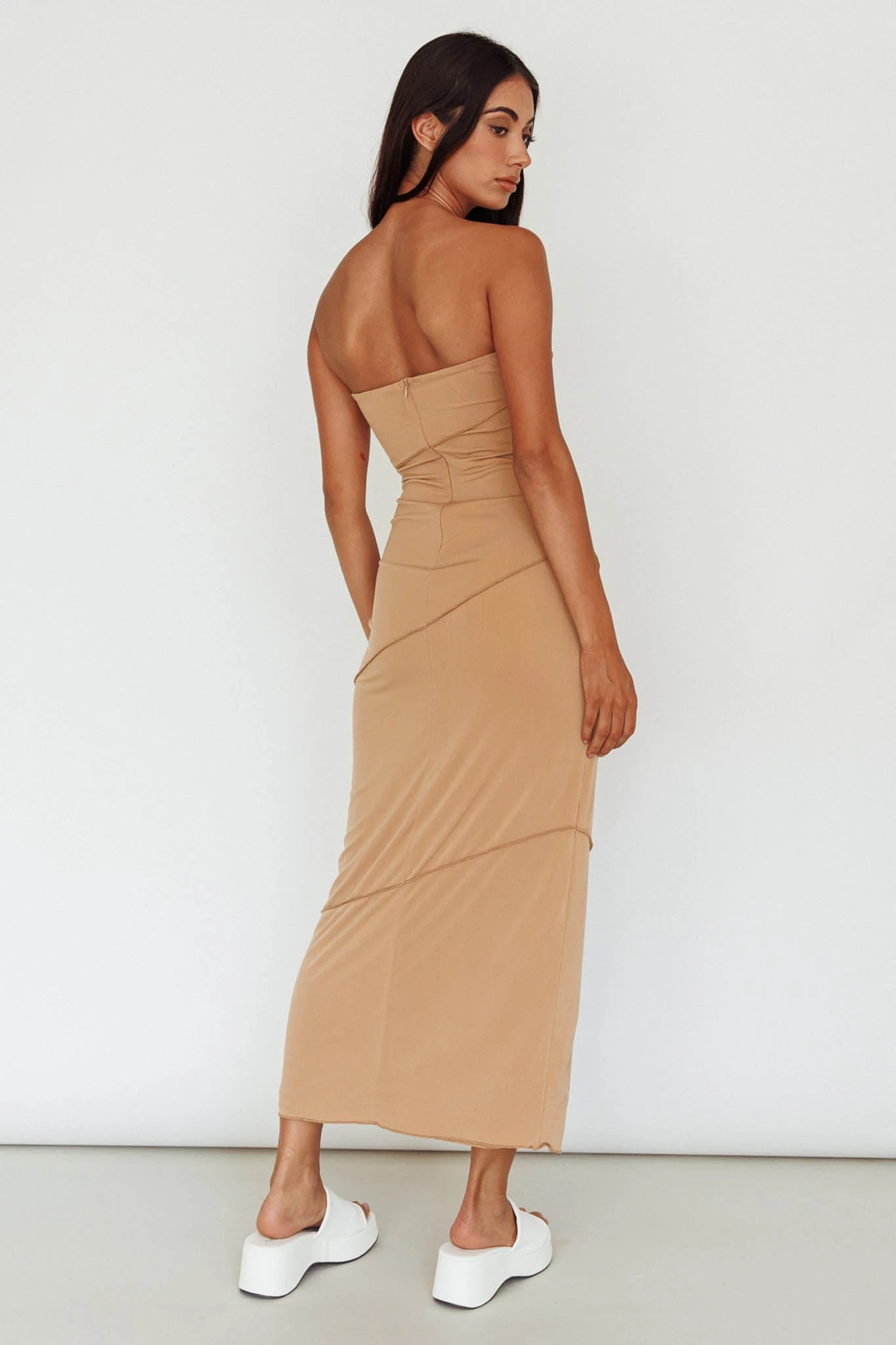 Making Headlines Strapless Midi Dress Camel - Image 2