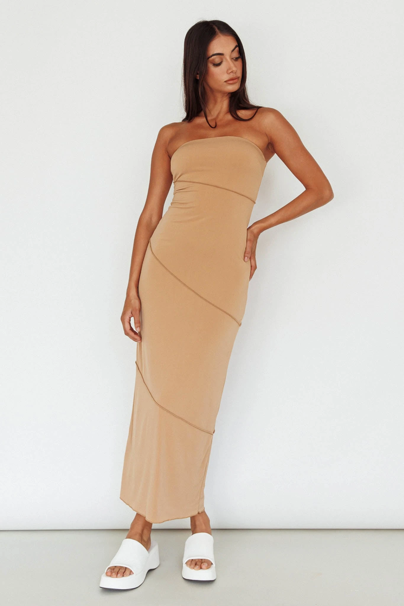 Making Headlines Strapless Midi Dress Camel - Image 3