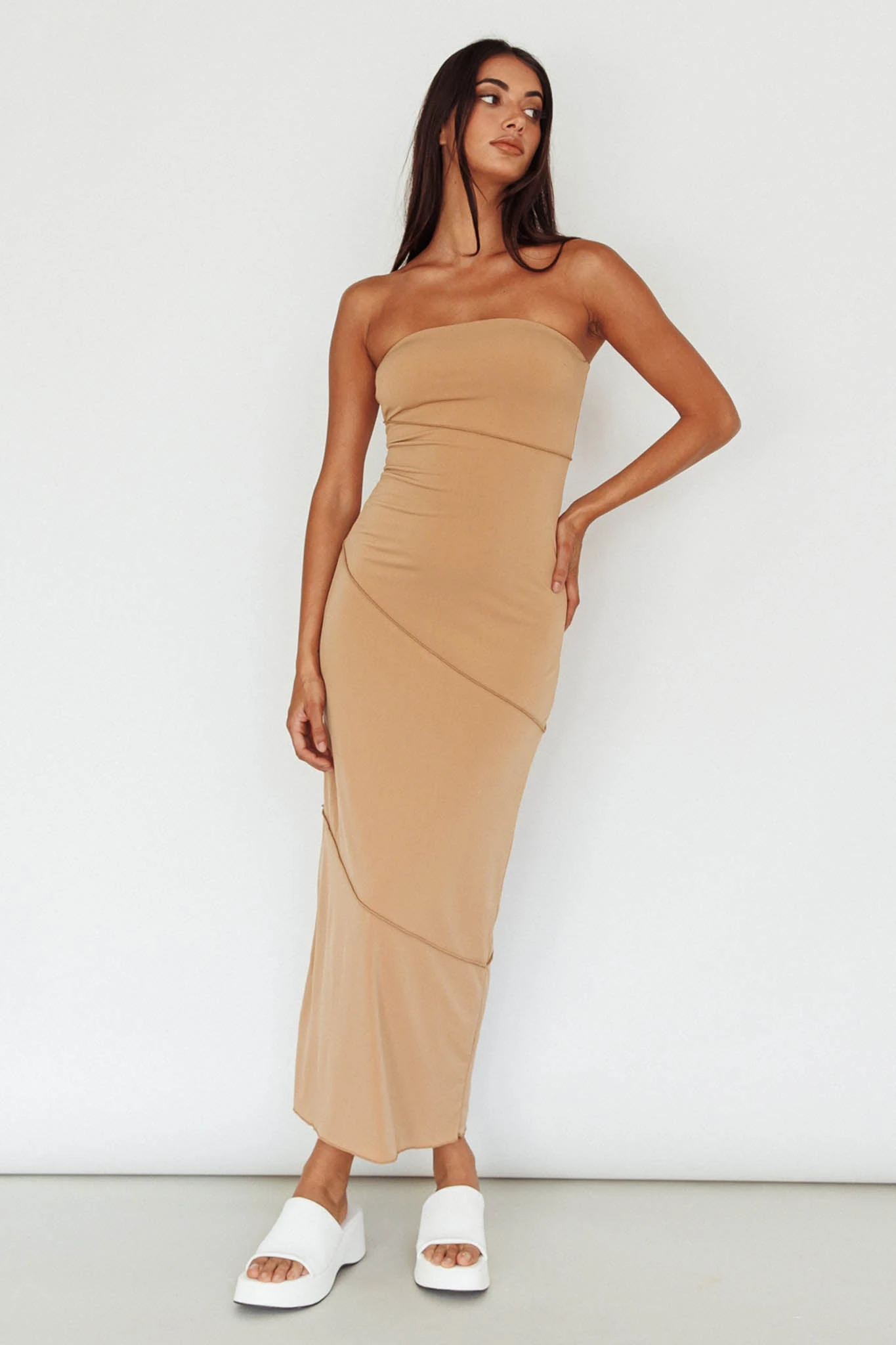Making Headlines Strapless Midi Dress Camel - Image 4