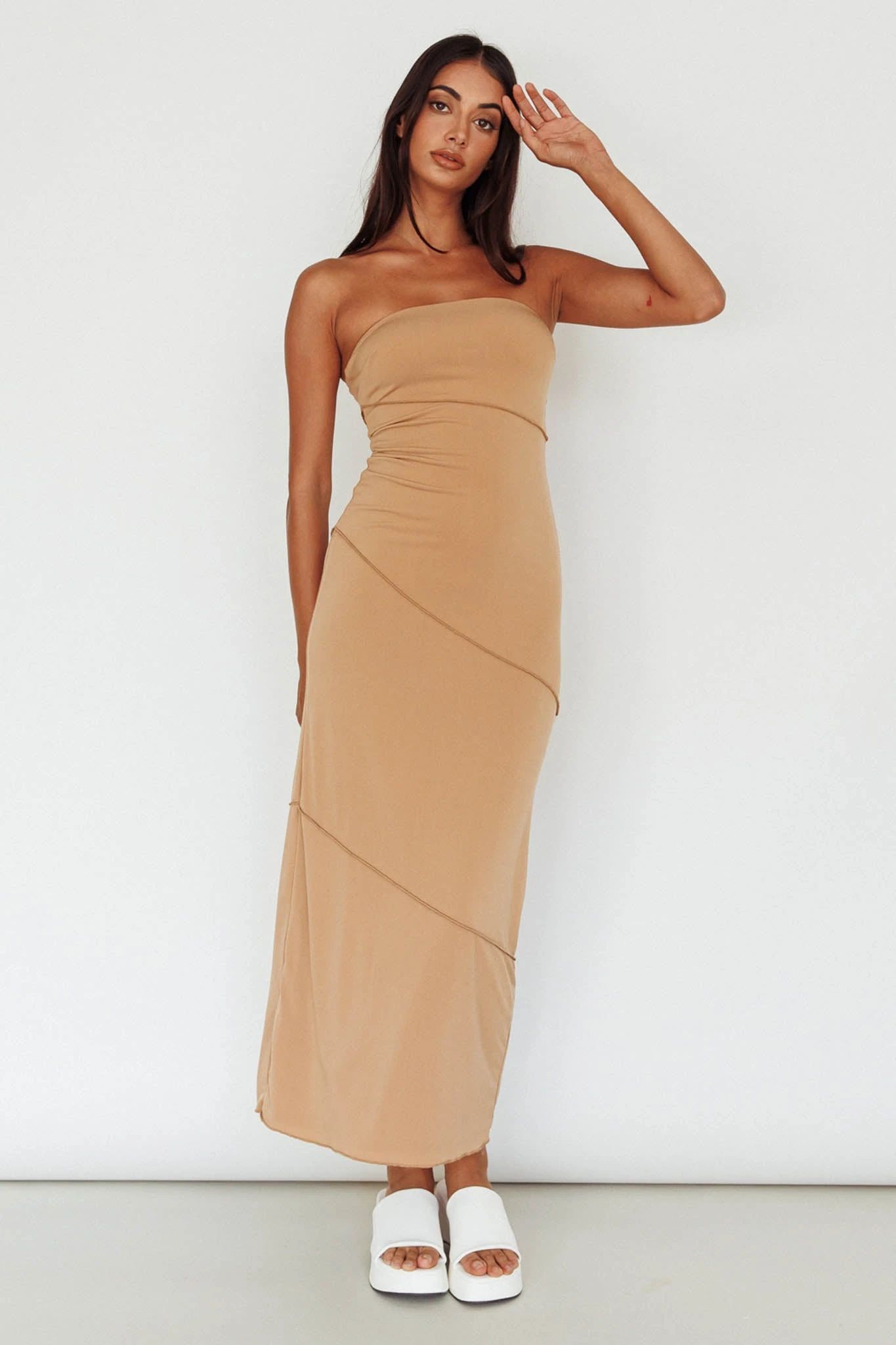 Making Headlines Strapless Midi Dress Camel - Image 5
