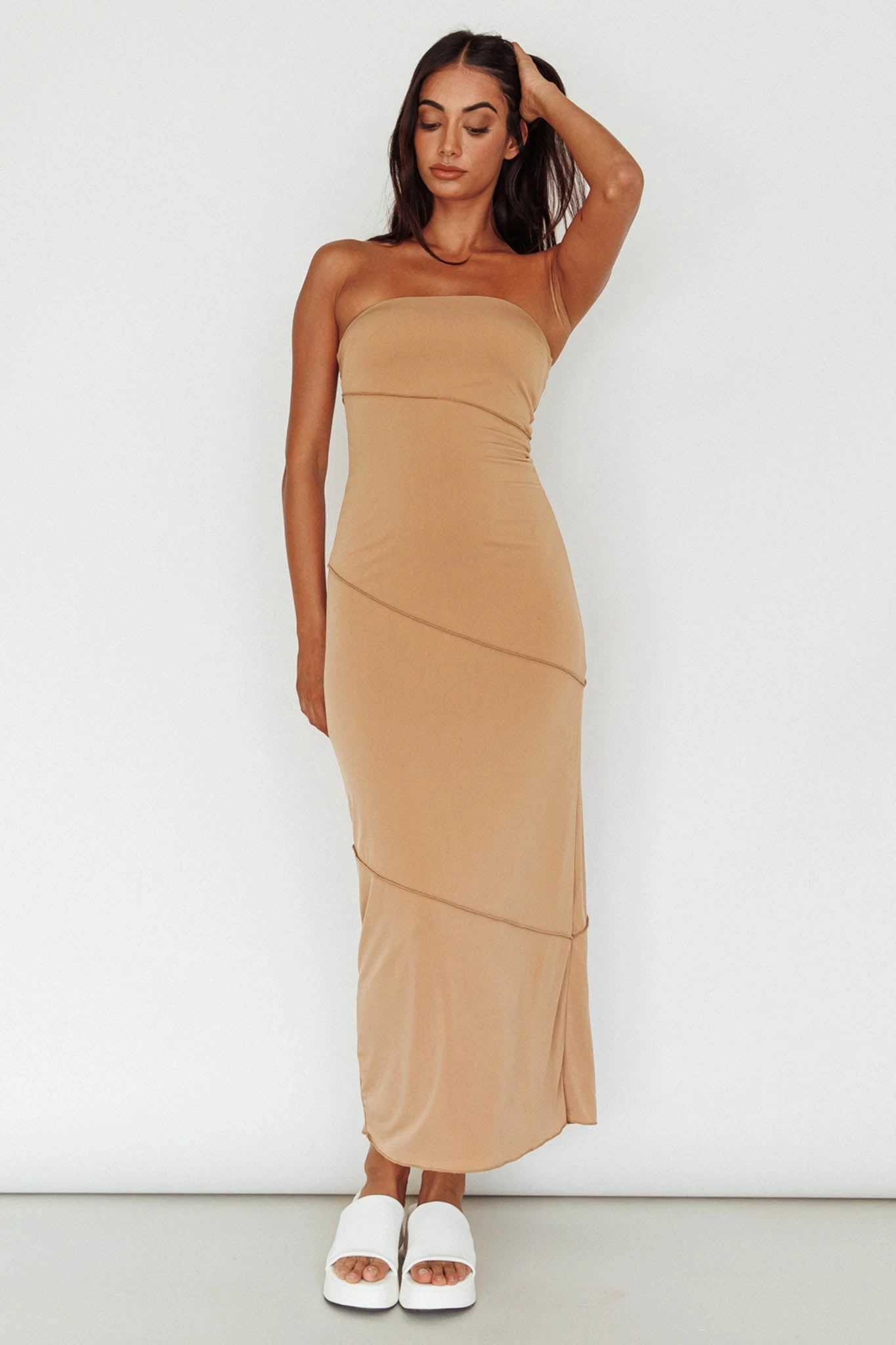 Making Headlines Strapless Midi Dress Camel - Image 6