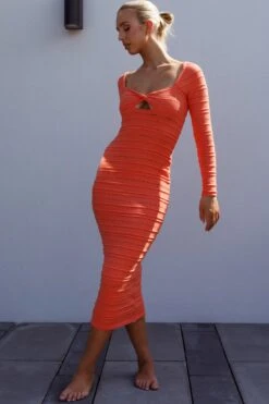 Beachside Crochet Knit Long Sleeve Midi Dress Tangerine