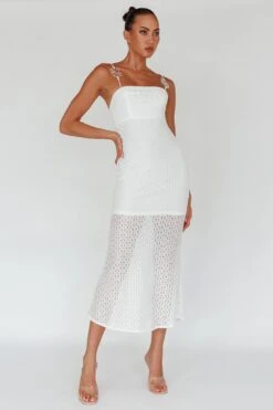 Lazy Daisy Flower Strap Midi Dress White