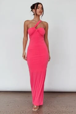 Trinny One-Shoulder Ruched Back Midi Dress Hot Pink