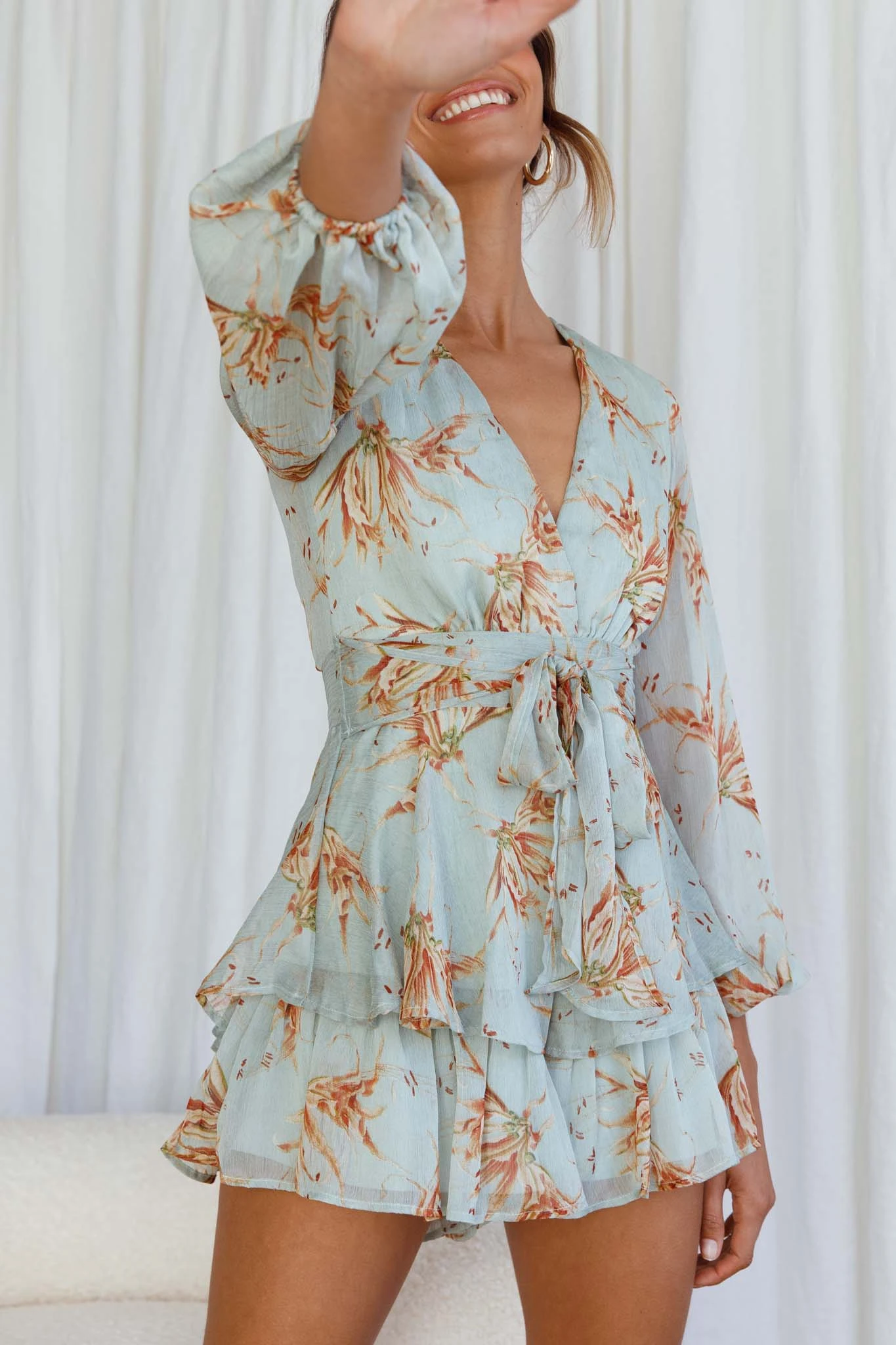 Maddox Fit & Flare Long Sleeve Romper Lily Print Pistachio - Image 4