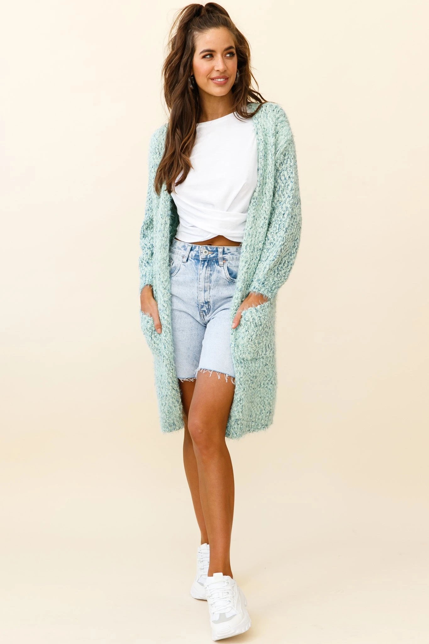 Johanna Long Sleeve Pocket Cardigan Mottled Green - Image 3