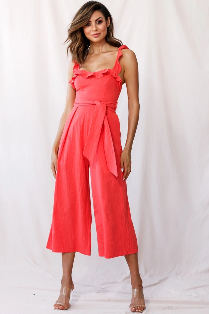 Kaia Ruffle Strap Wide-Leg Capri Jumpsuit Red - Image 5