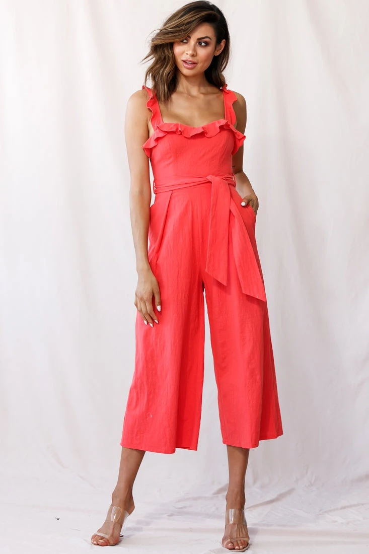 Kaia Ruffle Strap Wide-Leg Capri Jumpsuit Red - Image 2