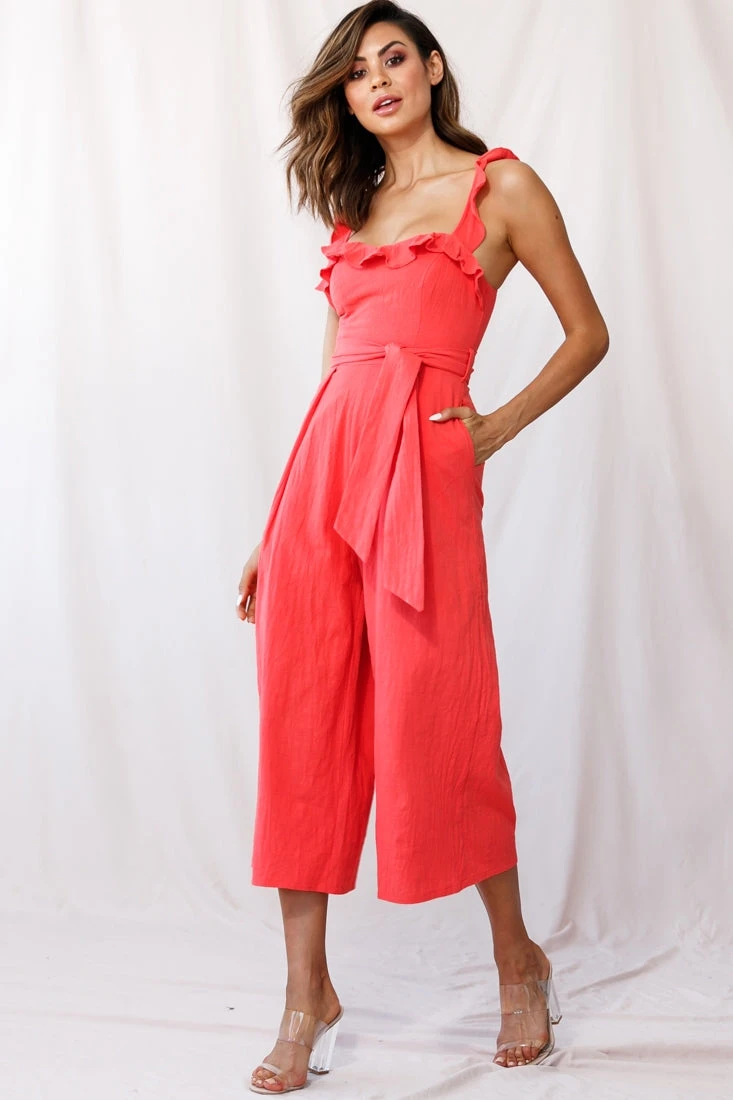 Kaia Ruffle Strap Wide-Leg Capri Jumpsuit Red - Image 6